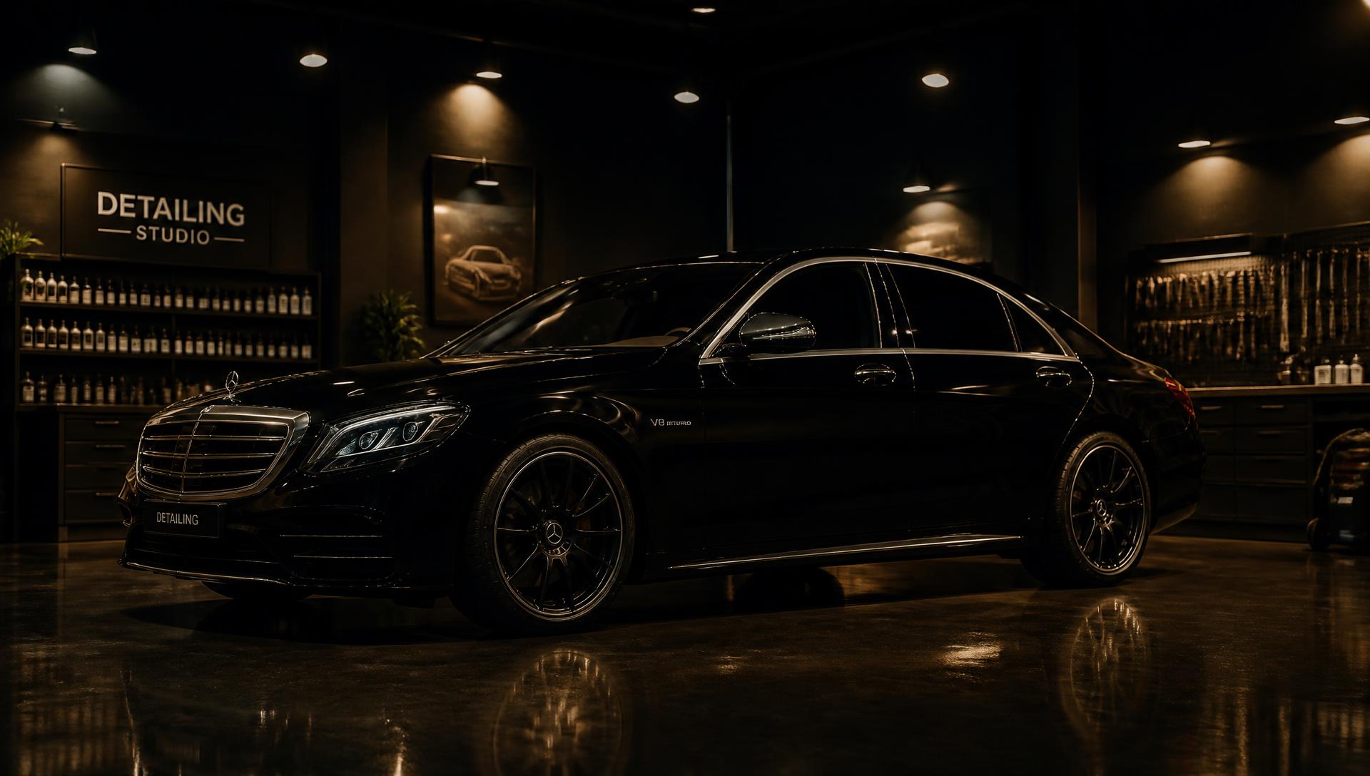 Schwarze Luxuslimousine in einer professionell ausgeleuchteten Aufbereitungshalle